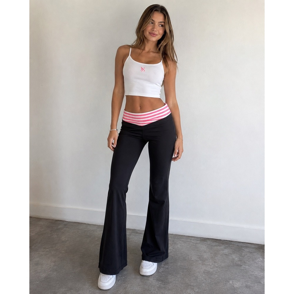 Y2K Victorias Secret Sport Flare Womens Medium Yoga Pink Stripe Fold Waist